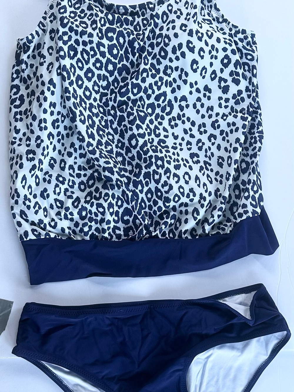 Blue and White tankini with Navy Leopard Accents